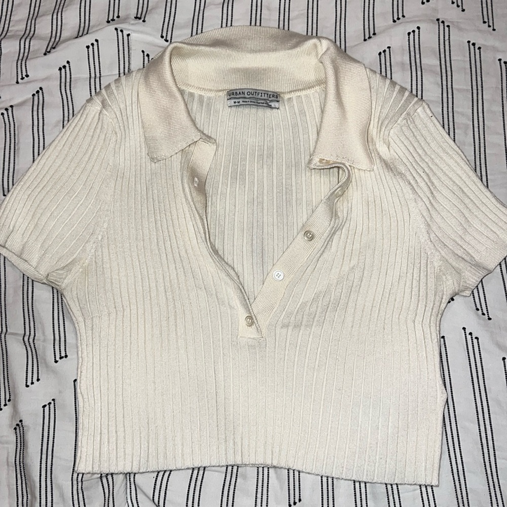 UO Button Up Short Sleeve Ribbed Crop Top
